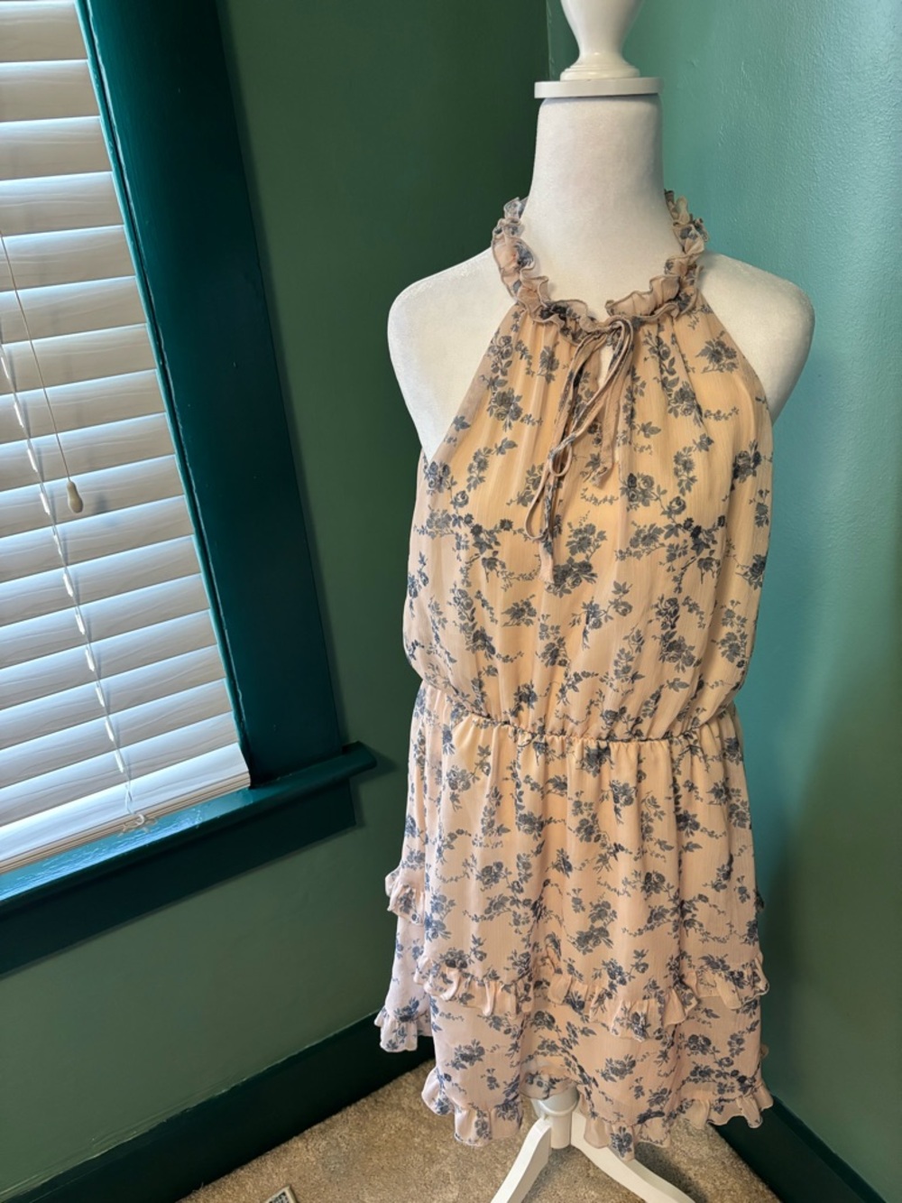 Peach Love California Beige Floral Ruffled Halter Mini Dress